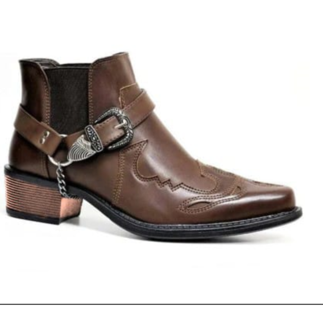 Men's winter Western boots with buckle detail, pointed toe, angled heel, and decorative stitching for cold weather