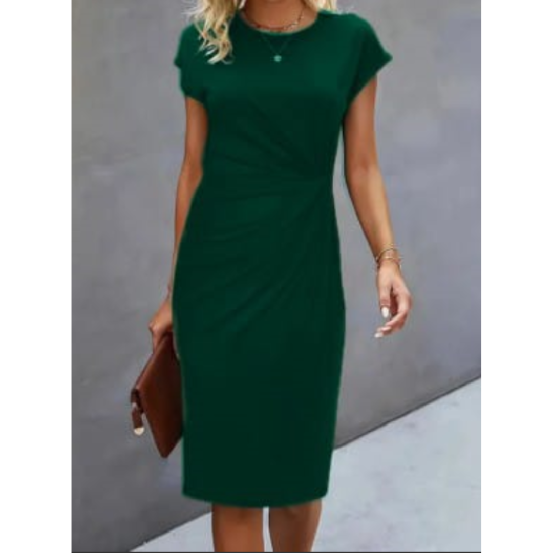Black ruched bodycon dress with cap sleeves, side ruching stretch fit for flattering curve-skimming silhouette