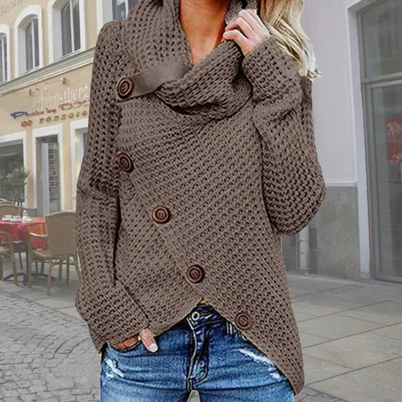 Women's asymmetrical turtleneck knit sweater cozy elegant modern silhouette with distinctive neckline