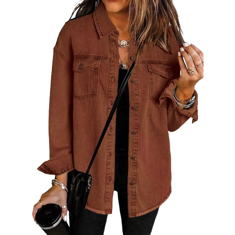 Women's relaxed fit washed denim shirt jacket with button-down front, chest pockets, and fringe hem
