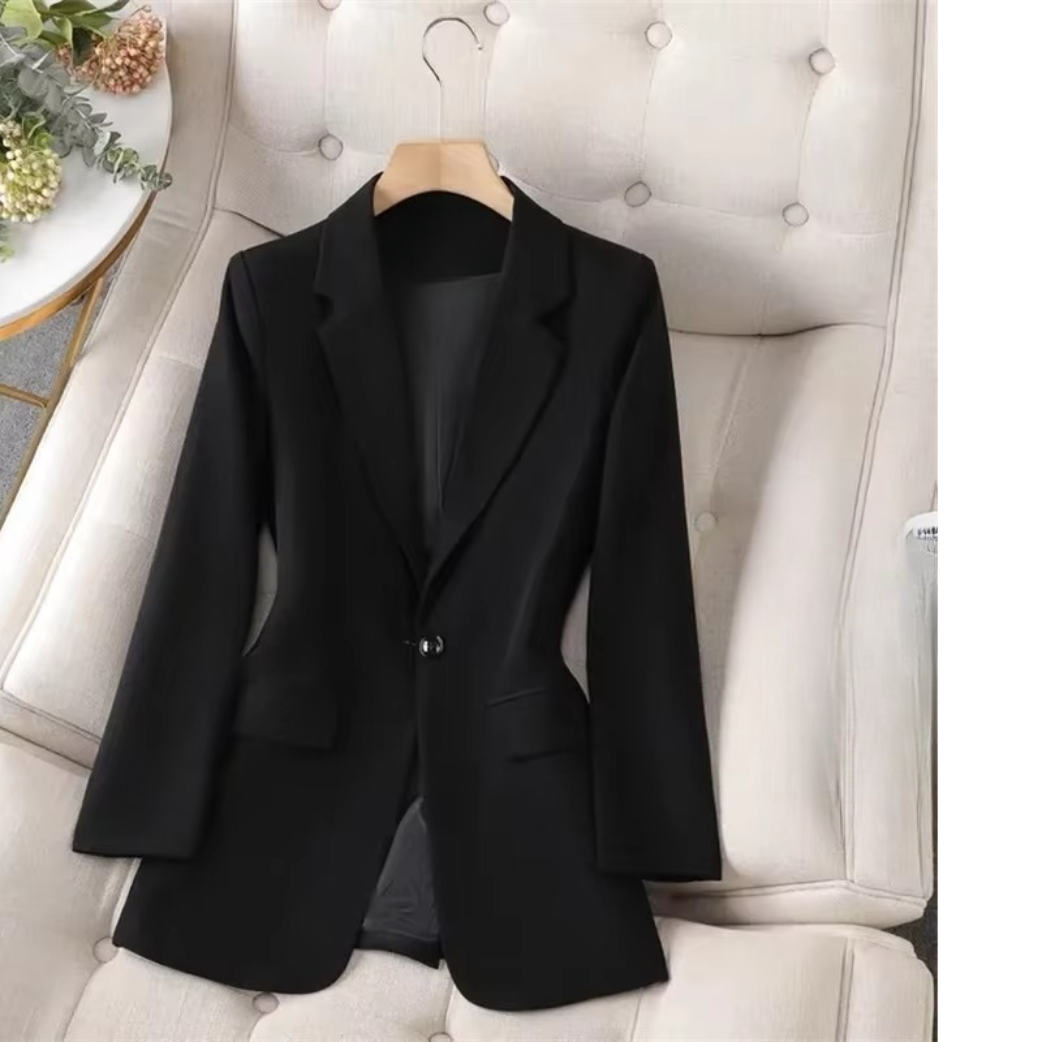 Women's green single-button blazer tailored straight silhouette long sleeves office-ready professional coat