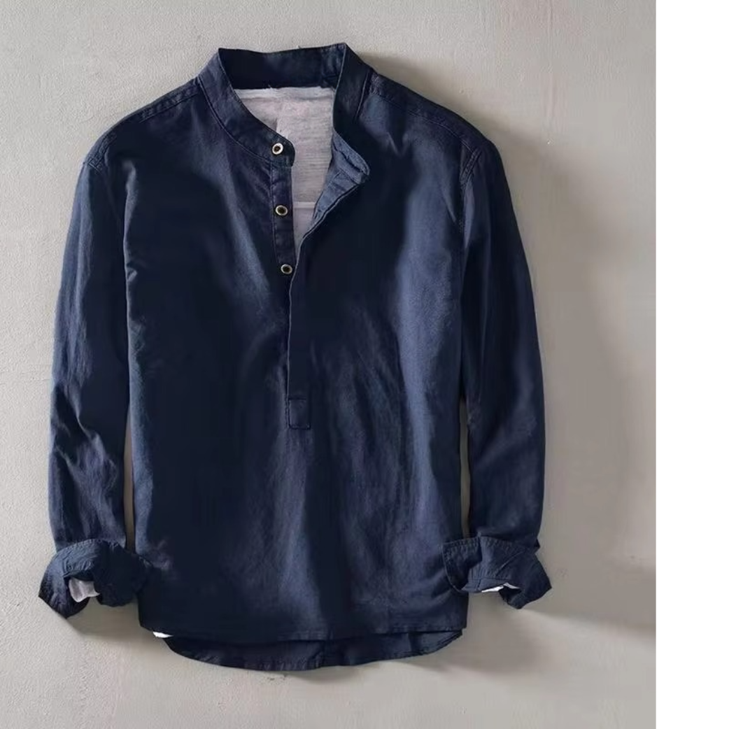 Men's linen blend stand collar long sleeve shirt, lightweight breathable summer style in neutral tone