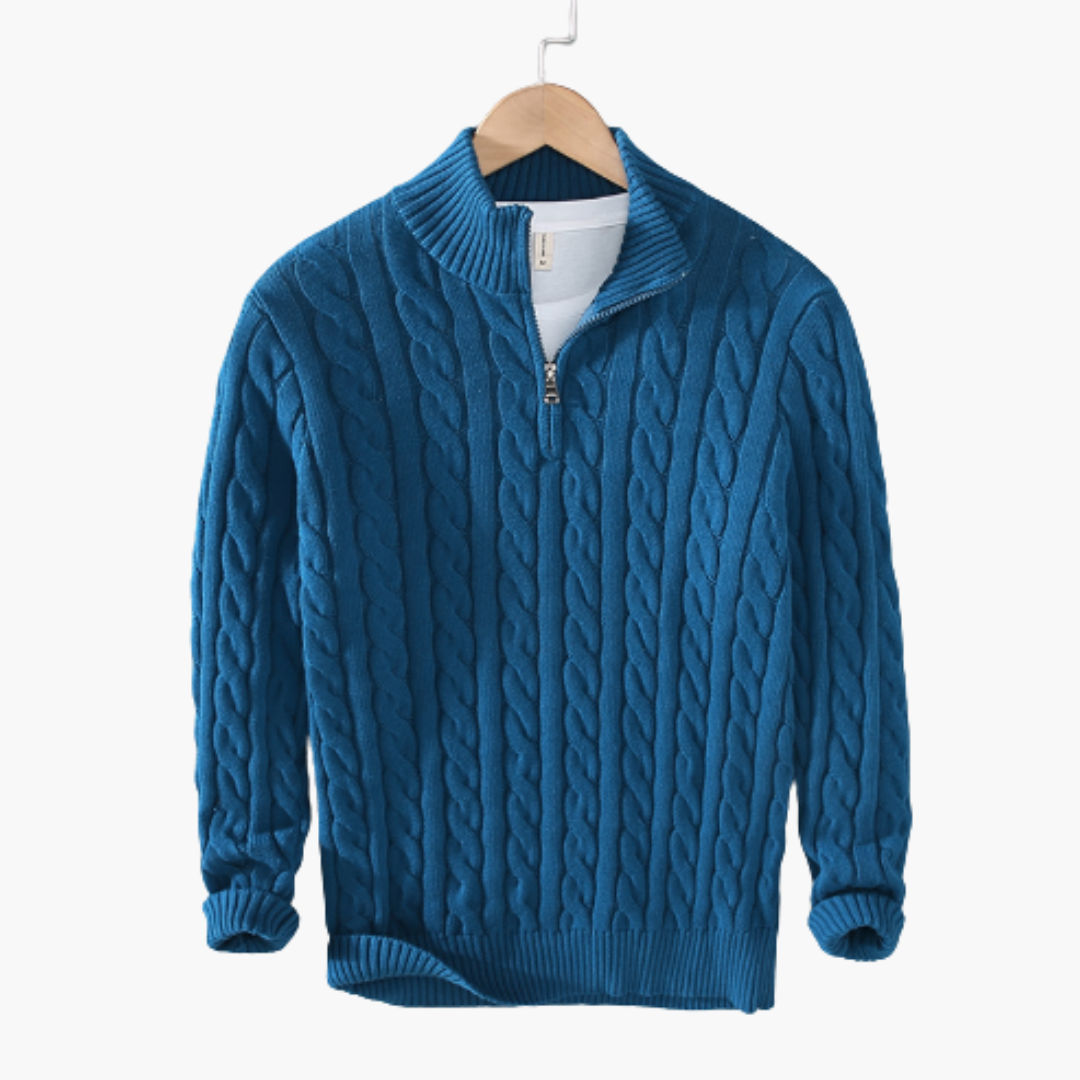 Men's cream cable knit half-zip sweater with ribbed stand-up collar and classic textured pattern