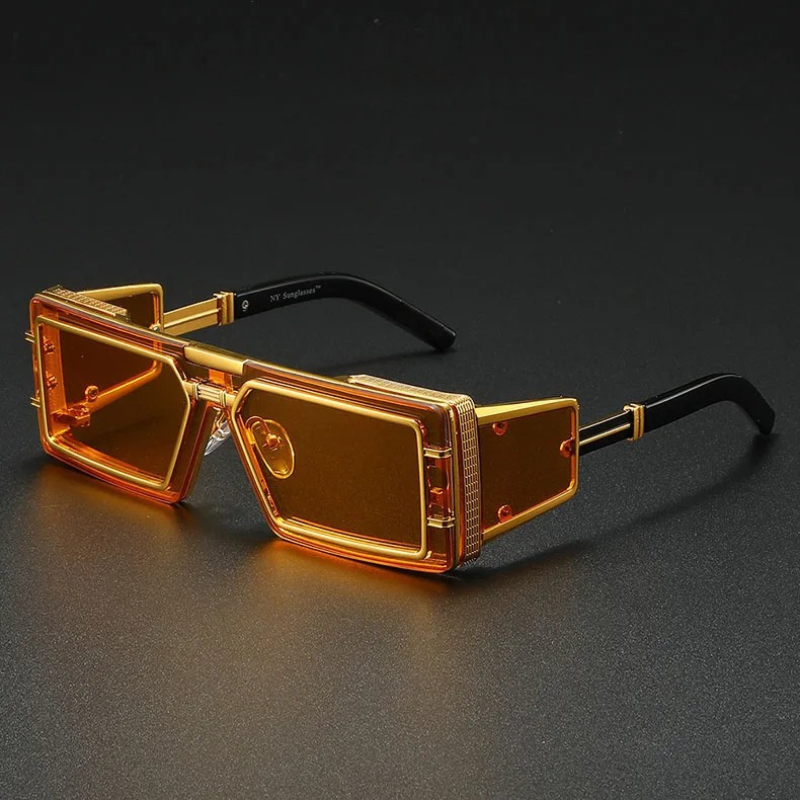Urbann-Vibe Arlen steampunk sunglasses bold square gold-tone frame black lenses UV protection vintage style