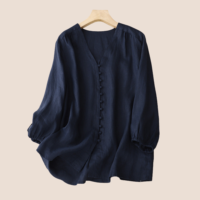 Women's white cotton linen blouse V-neck ruffle edge lightweight breathable spring summer top