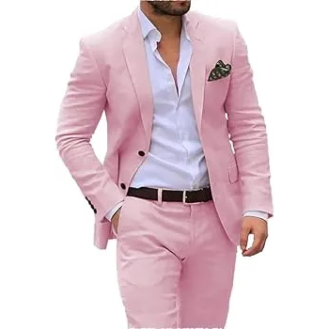 Men's slim fit two-piece wedding suit in navy blue with peaked lapel jacket and matching trousers
