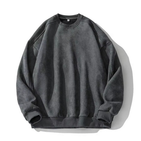 Men's faux suede oversized pullover sweatshirt, relaxed fit, velvety texture, vintage-inspired O-neck