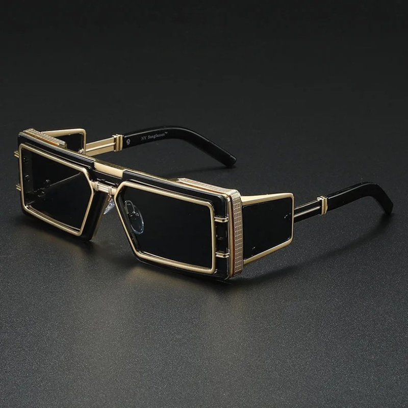 Bold square steampunk sunglasses gold-tone metal frame black lenses UV protection vintage-inspired unisex