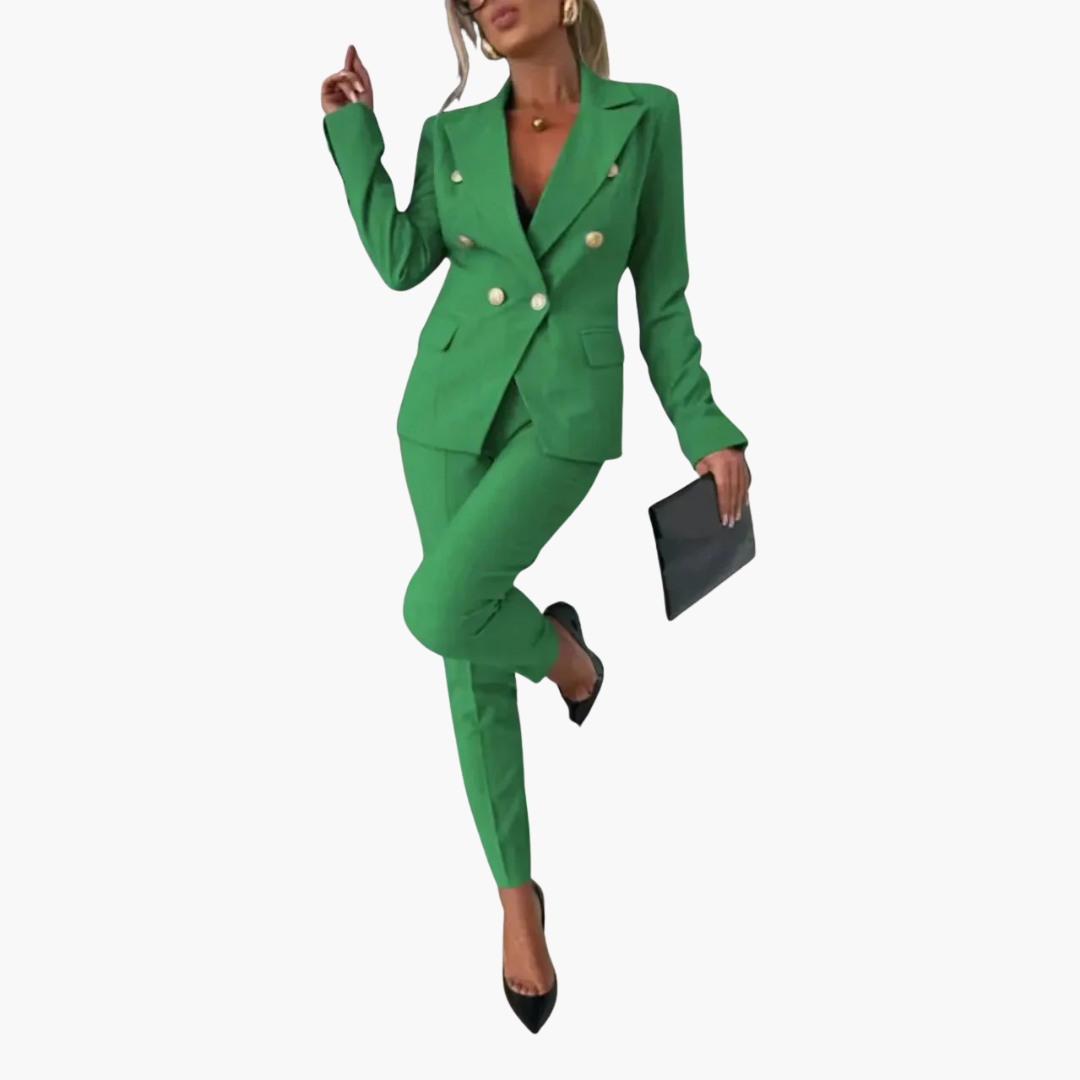 Women's slim-fit professional suit blazer with notched lapel, metallic buttons, and straight-cut pants