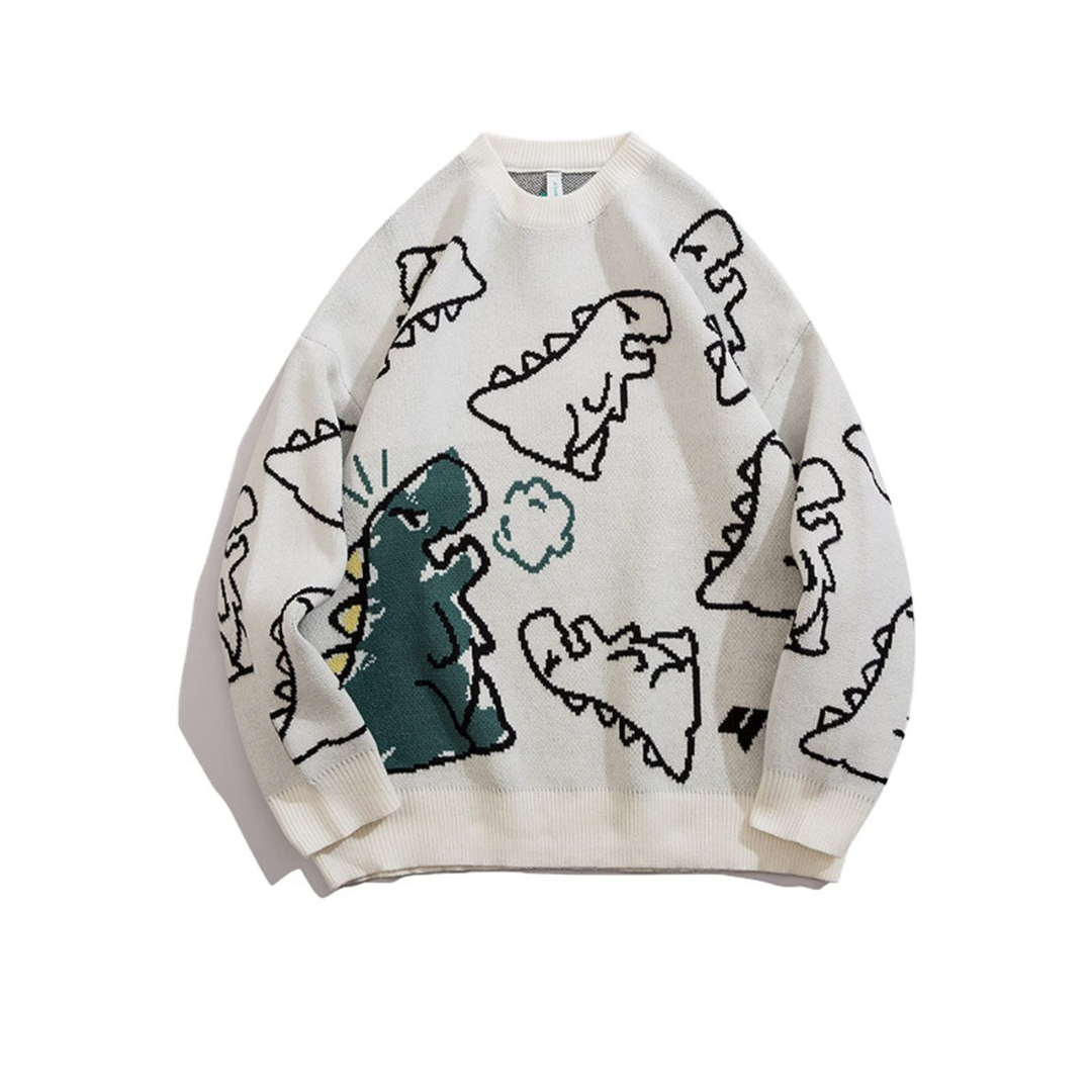 Oversized cream knit Harajuku sweater with bold dinosaur graphic, relaxed streetwear silhouette