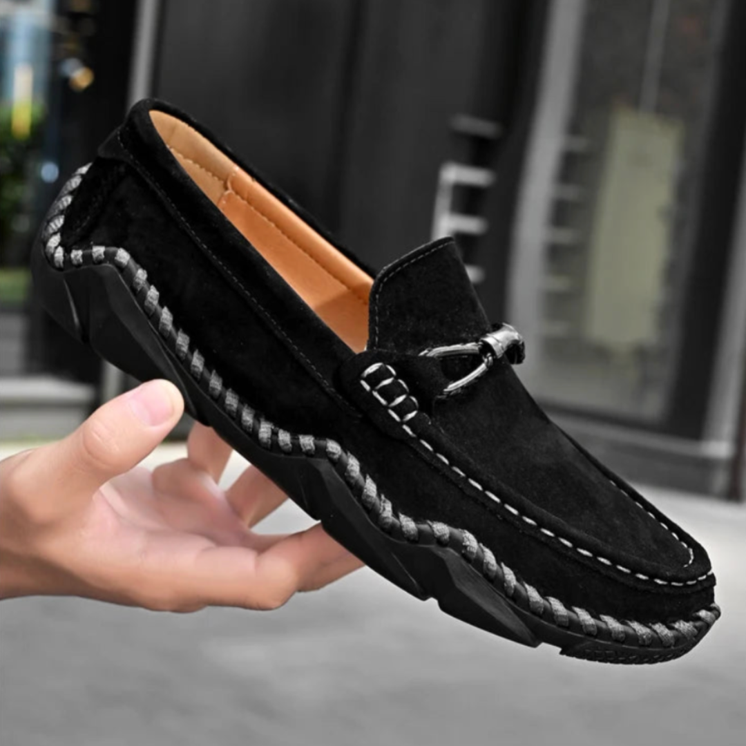 Belmont tan suede slip-on loafers with handstitched detailing, streamlined silhouette for professionals