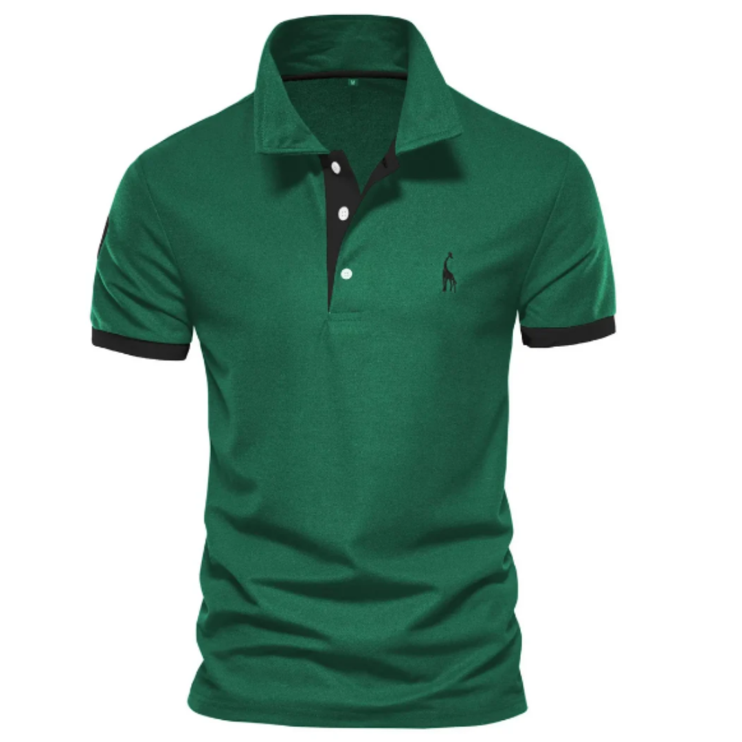 Men's navy blue ComfortFit short-sleeve polo shirt with ribbed collar and two-button placket