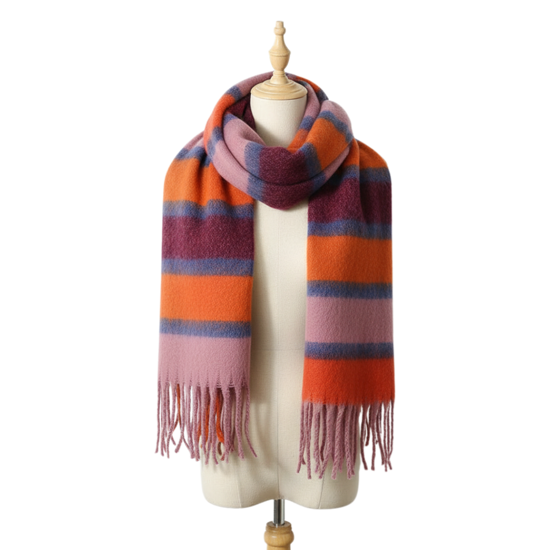 Women's oversized striped fringe scarf in cozy knit with elegant long silhouette for fall winter