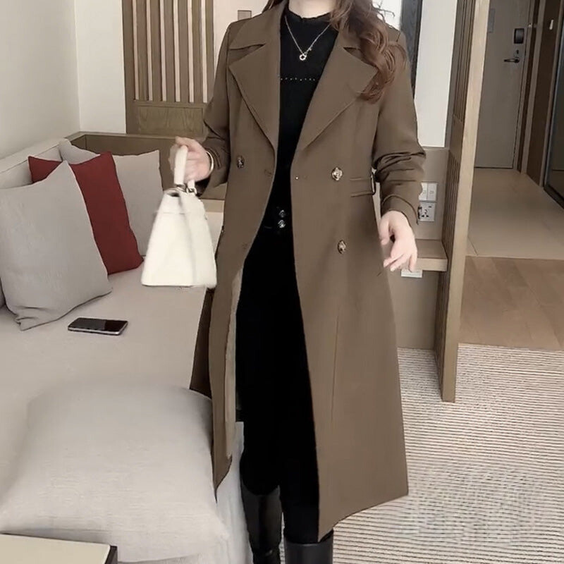 Women's wool blend knee-length double-breasted trench coat in classic tailored fit for modern style