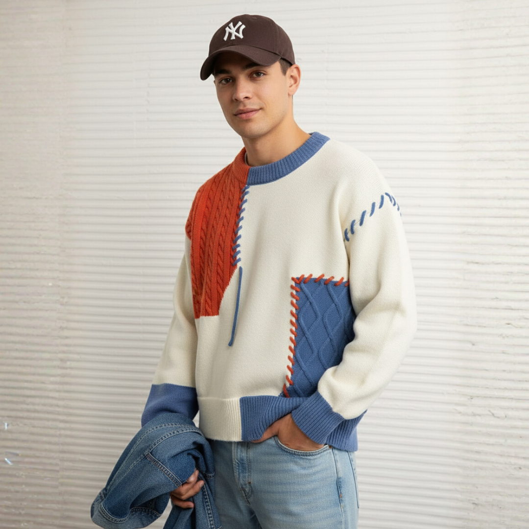 Loose-fit patchwork sweater in tonal earth tones with bold tonal stitching and artful knit design