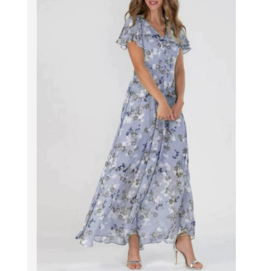 Floral flutter sleeve maxi dress elegant flowy silhouette for weddings and formal spring occasions