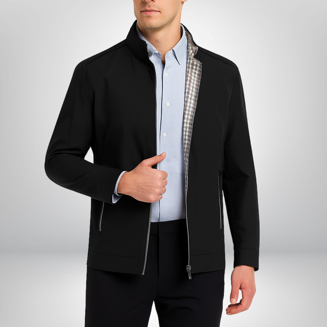 Men's casual zip-up jacket with stand collar and zip pockets, modern slim fit everyday style