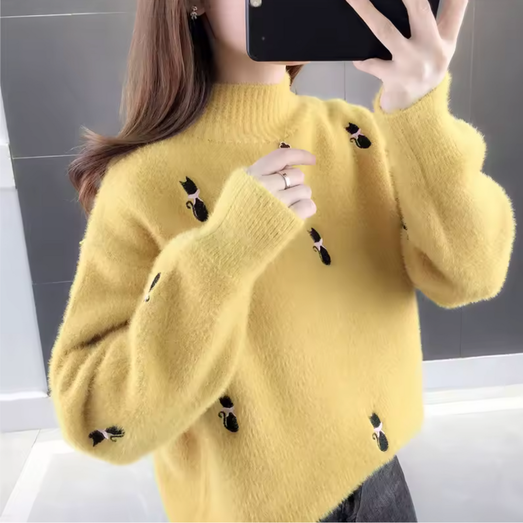 Women's cream cashmere knit sweater relaxed fit half-high collar ultra-soft cozy pullover