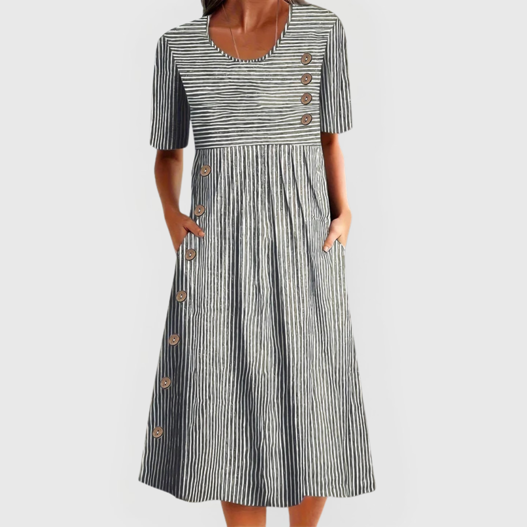 Women's casual striped midi dress with side pockets, relaxed silhouette in multicolor stripe pattern