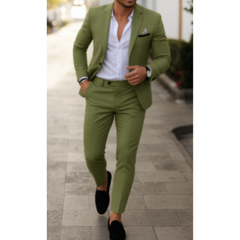Men's slim fit two-piece wedding suit, single-breasted jacket with matching trousers, classic formal style