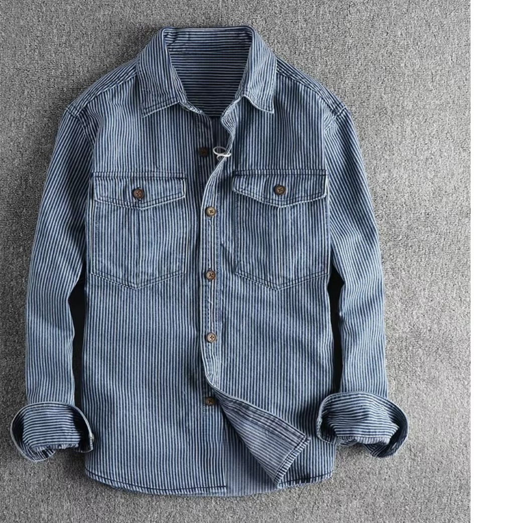 Men's vintage washed striped denim cargo shirt with yarn-dyed texture and rugged workwear fit