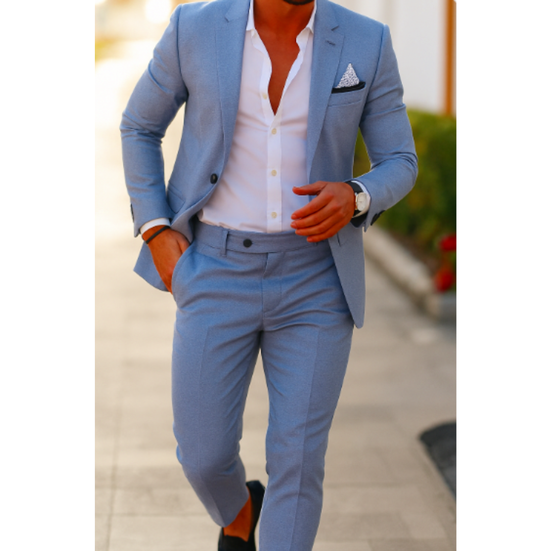 Men's slim fit two-piece wedding suit in classic single-breasted jacket and matching trousers