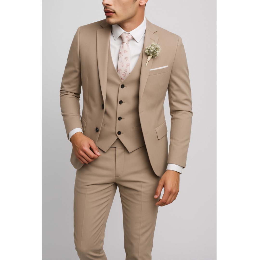 Men's slim fit three-piece wedding suit in elegant formal style with matching vest and trousers