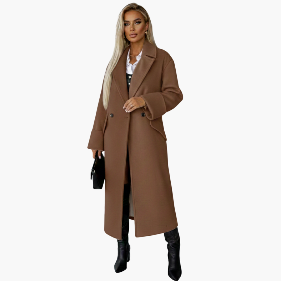 Women's long coat lapel collar button closure smooth woven minimalist outerwear for cool-weather layering