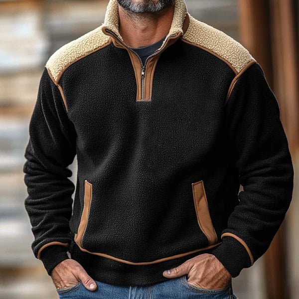 Men's gray fleece pullover relaxed fit stand collar quarter zip with kangaroo pocket