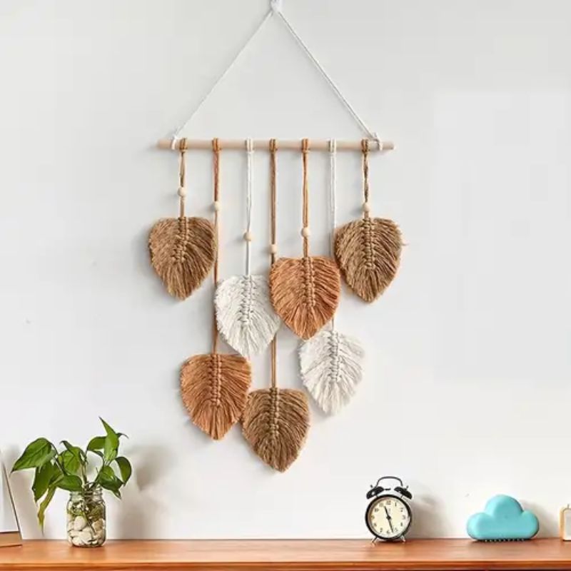 Handcrafted cotton macrame leaf wall hanging boho decor natural foliage motif for home interiors