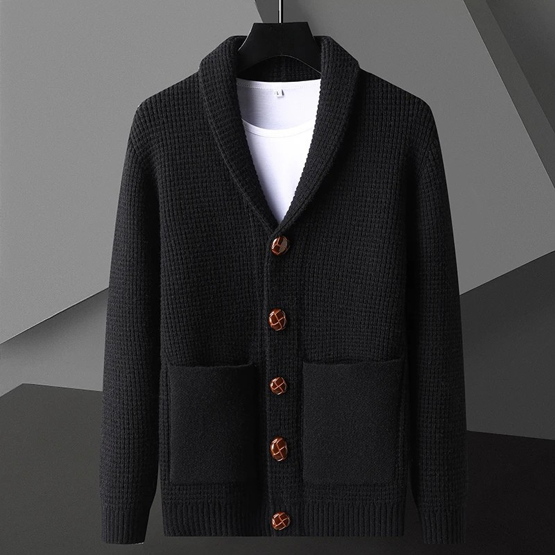 Men's gray waffle knit shawl collar cardigan wool premium casual layering piece