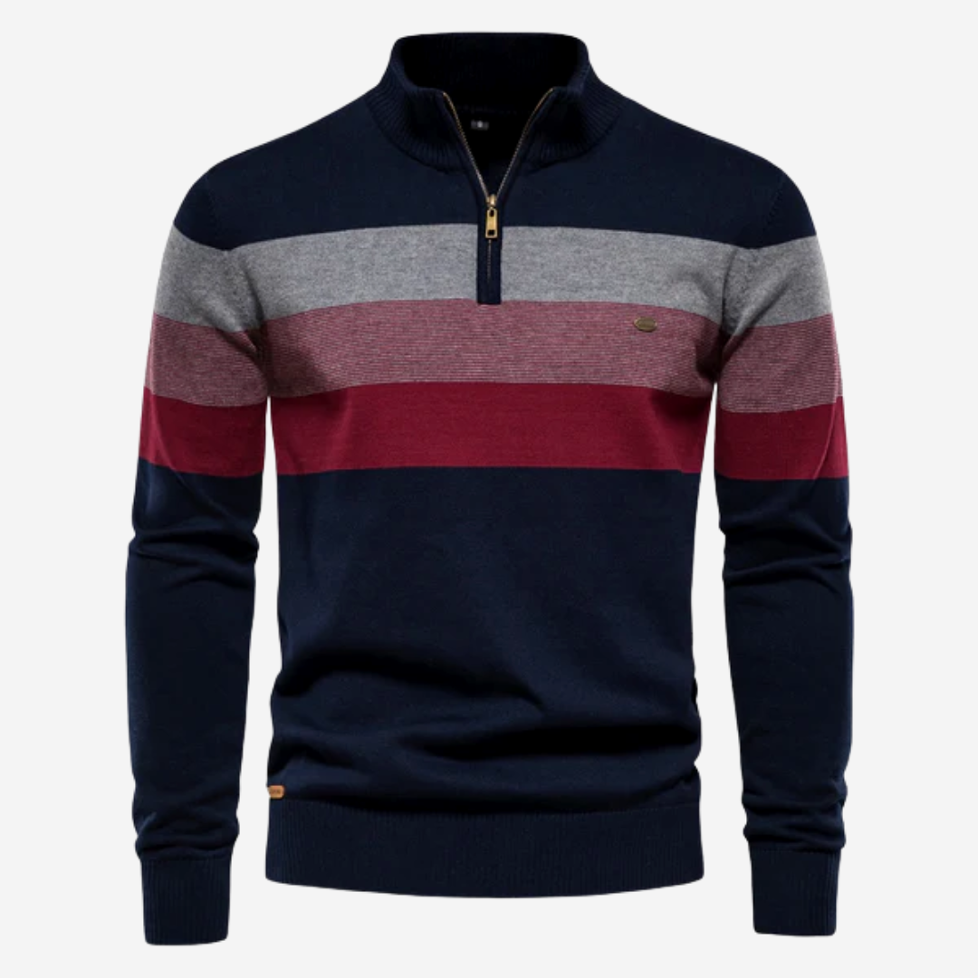 Men's striped half-zip sweater versatile layering pullover with adjustable neckline