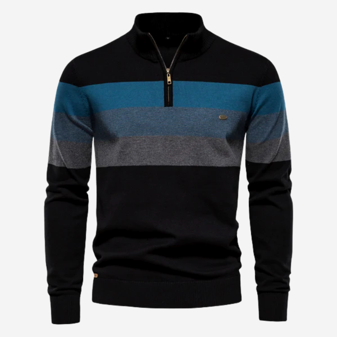 Men's striped half-zip sweater in versatile layering cut with adjustable ribbed neckline