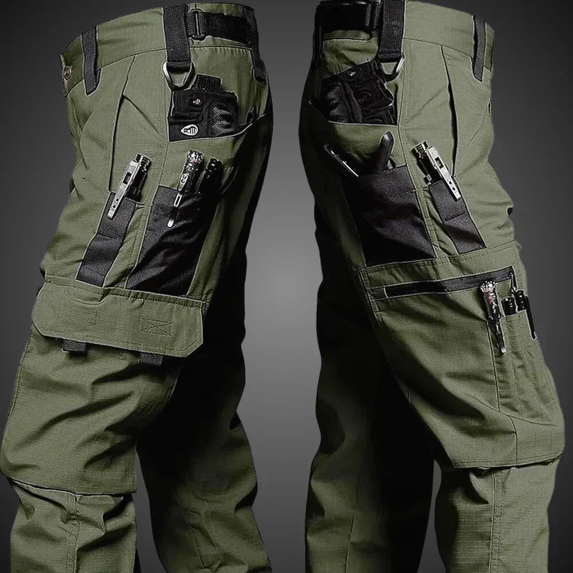 Men's olive tactical utility trousers with ergonomic cut and multi-pocket durable outdoor design