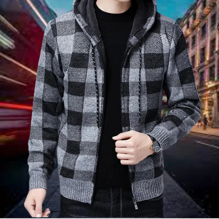 Men's checked hooded cardigan soft-knit relaxed fit with trendy hood for casual everyday style
