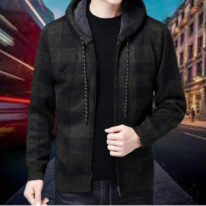 Men's checked hooded cardigan soft-knit relaxed fit with trendy hood for casual everyday style