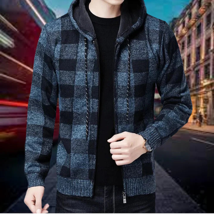 Men's checked hooded cardigan soft-knit relaxed fit with trendy hood for casual everyday wear