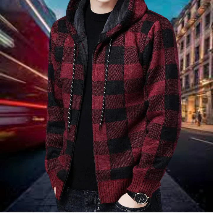 Men's checked hooded cardigan soft-knit relaxed fit with trendy hood for casual everyday style