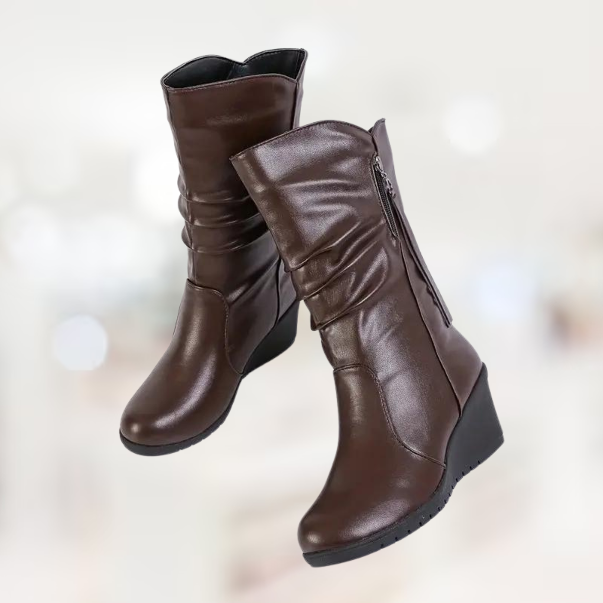 Women's mid-calf winter wedge boots in classic tones with knee-high silhouette and comfort wedge heel