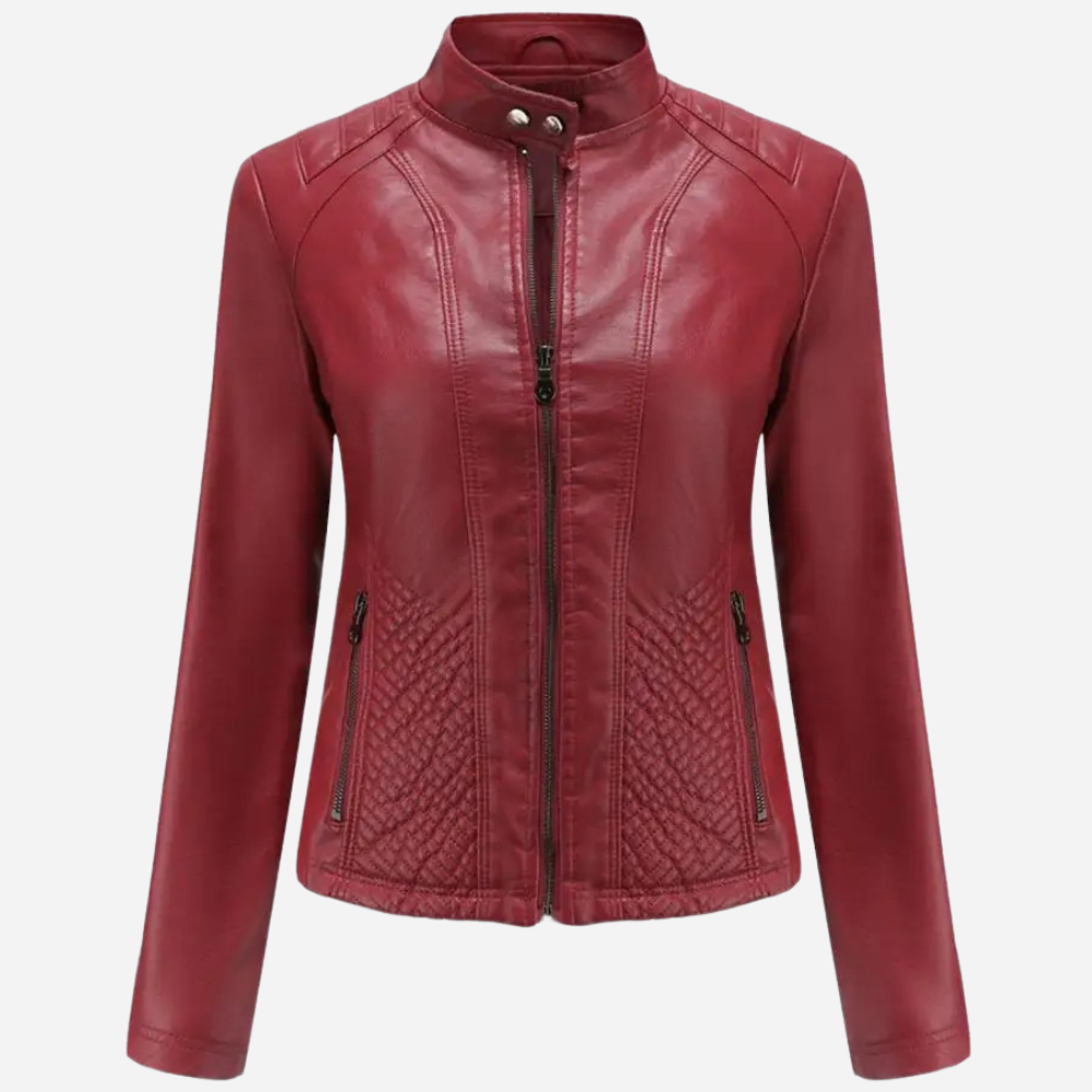Women's black moto jacket with stand collar, snap tab closure, and quilted side panels
