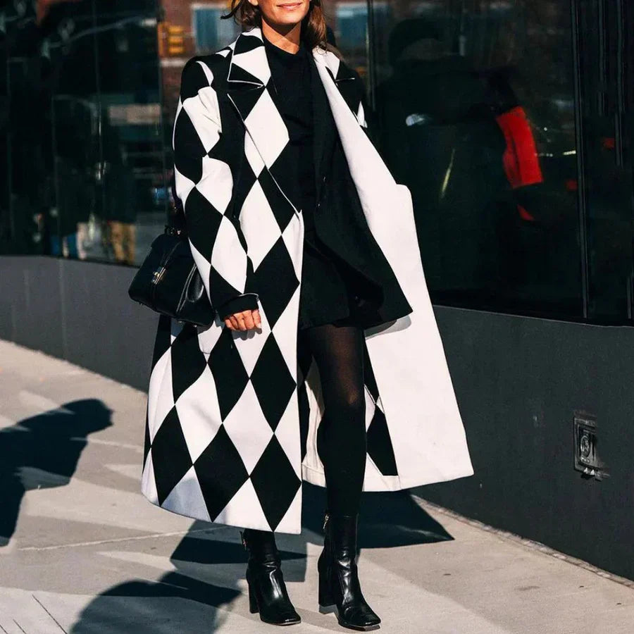 Women's wool blend long coat relaxed fit graphic pattern overcoat fashion forward autumn winter style