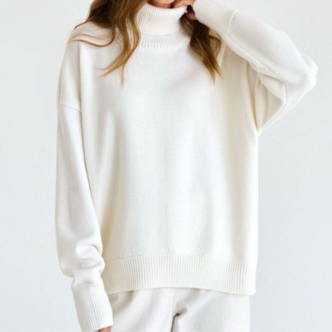 Women's relaxed-fit knitted turtleneck sweater with high neck, long sleeves, cozy everyday style