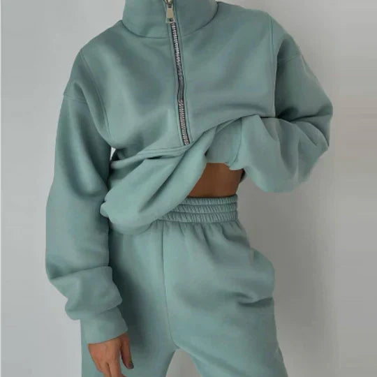 Women's gray zip-up tracksuit set soft breathable fabric slim fit active loungewear two-piece