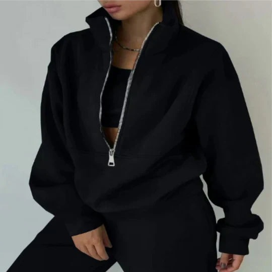 Women's gray zipper tracksuit soft breathable fabric slim fit athletic two-piece set for workouts