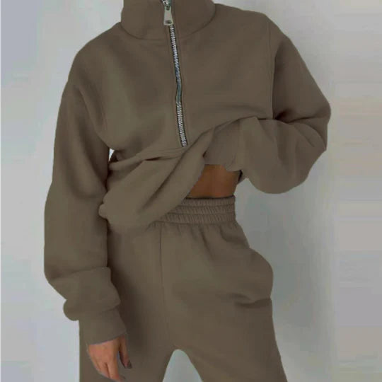 Women's gray zip-up tracksuit set, soft breathable fabric, slim athletic fit for workouts