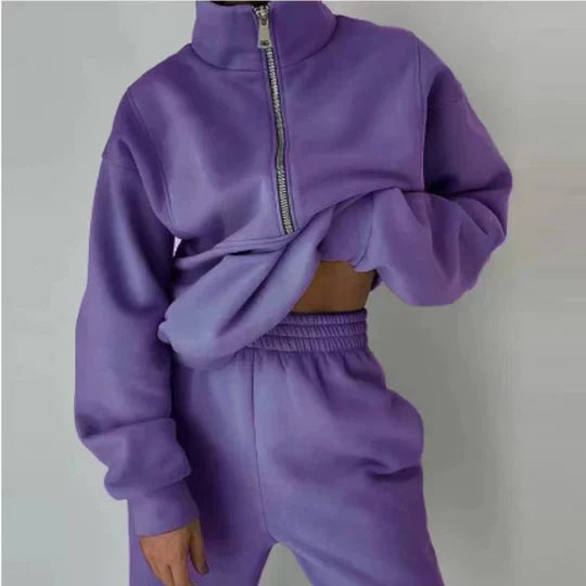Women's light gray zip-up tracksuit set soft breathable fabric slim fit active workout loungewear
