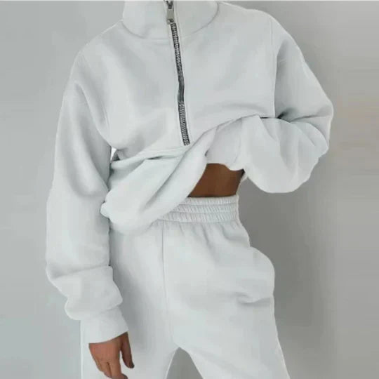 Women's gray zip-up tracksuit set, soft breathable fabric with front zipper for active comfort