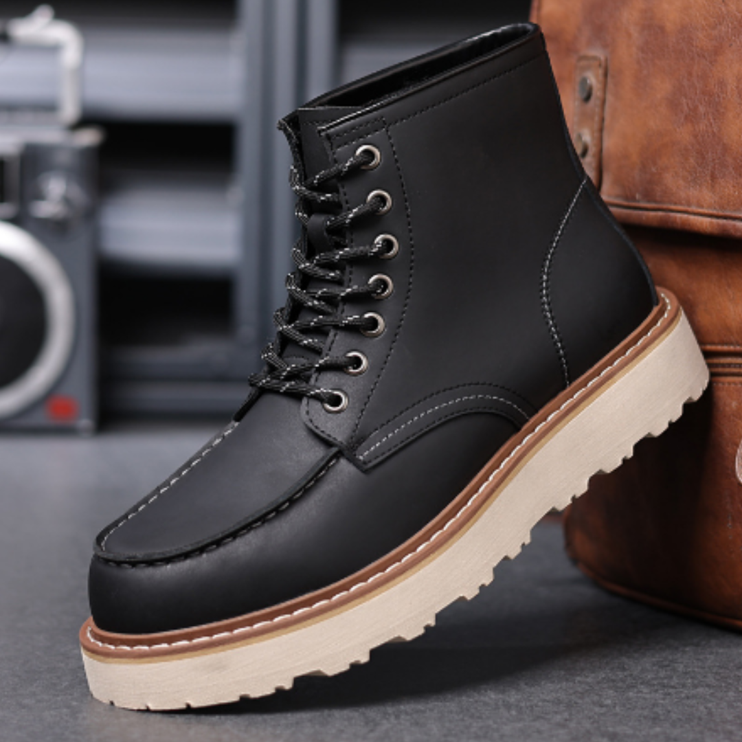 Men's lace-up ankle boots tan leather moccasin-inspired silhouette bold contrast sole casual wear