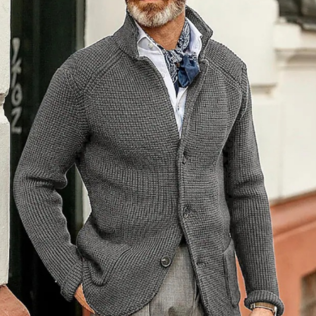 Men's knitted cardigan warm winter layer cozy durable cold weather contemporary slim fit style