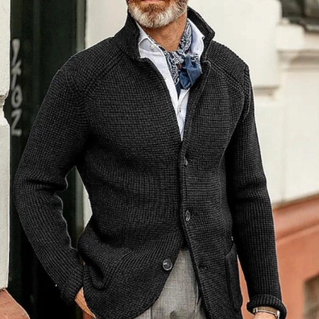 Men's knitted cardigan warm winter layer cozy durable cold weather contemporary silhouette